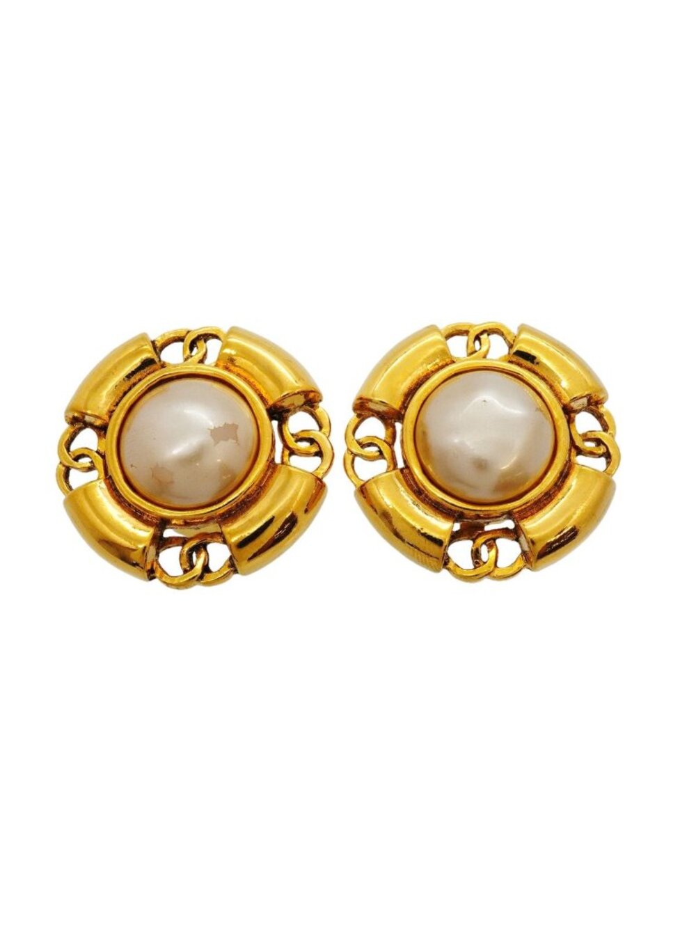 Chanel Earrings Vintage CC Logo Gold Plated Faux Pearl